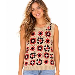Evereve Granny Square Sweater Vest Womens Small Floral Boho Knit Pullover Retro